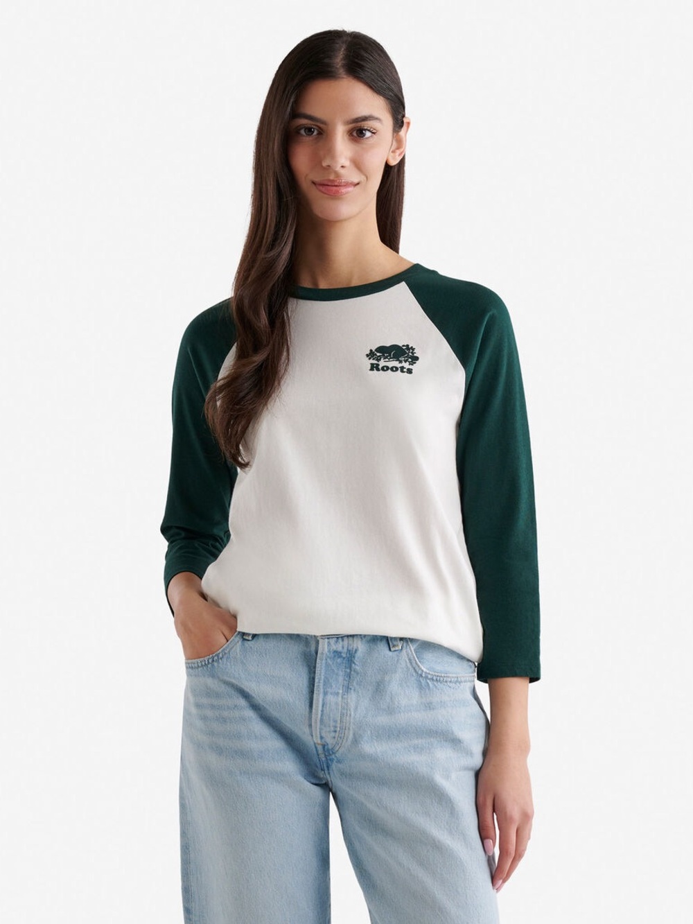 Roots Womens Organic Cotton Cooper Baseball T-shirt Varsity Green Slim Fit Small